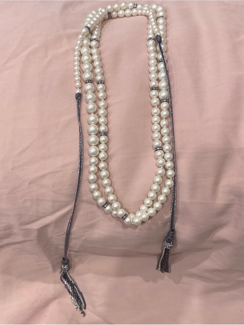 Stella & Dot White Pearl Multi-Strand Rope Wrap Necklace with Silver Tassels